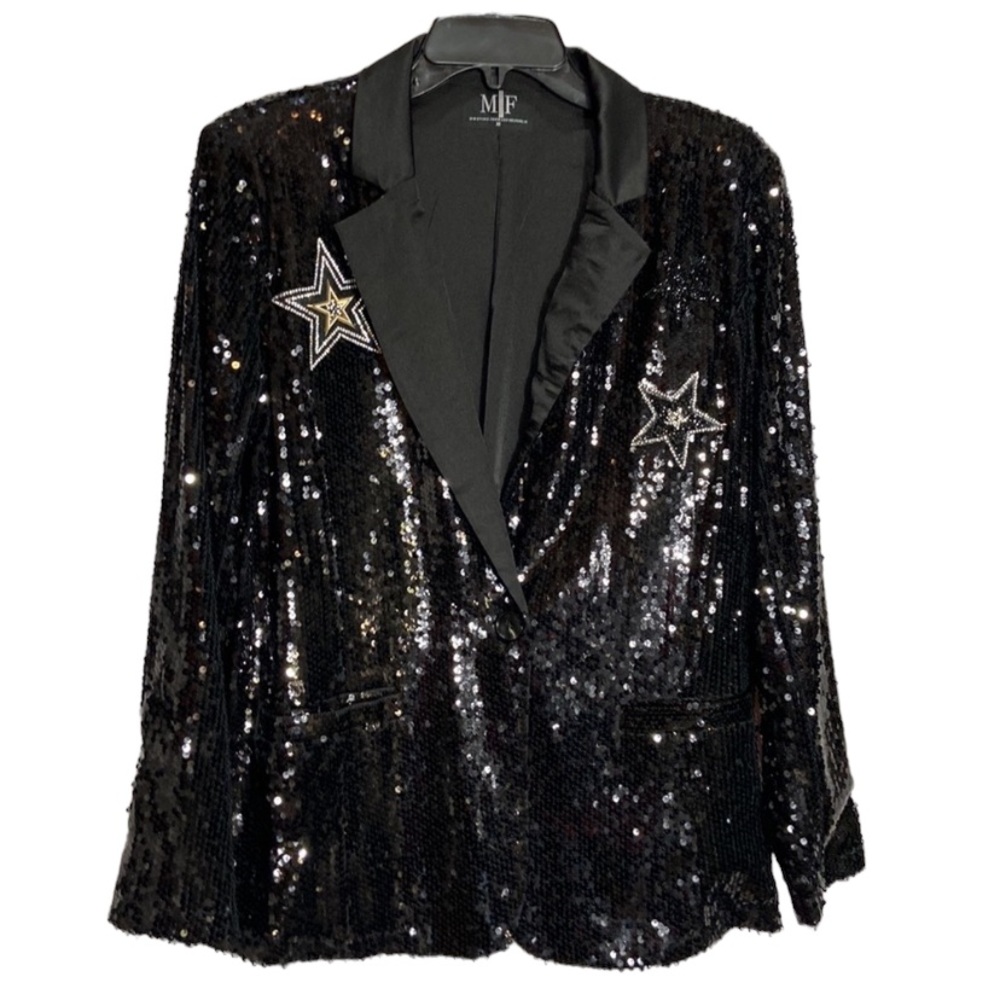 Moving Forward Designs Black Sequin Star Blazer Fully Lined Satin Lapel NWT